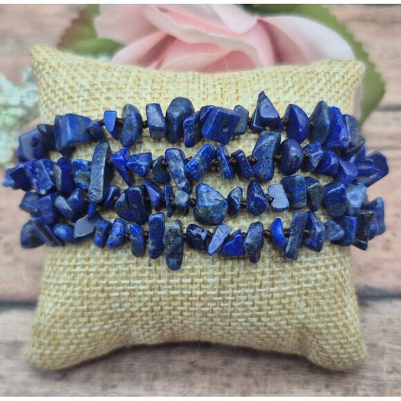 Natural Blue Lapis Chip Stone Muti Strand Bracelet Boho Hippie Nature Lover - Picture 1 of 9